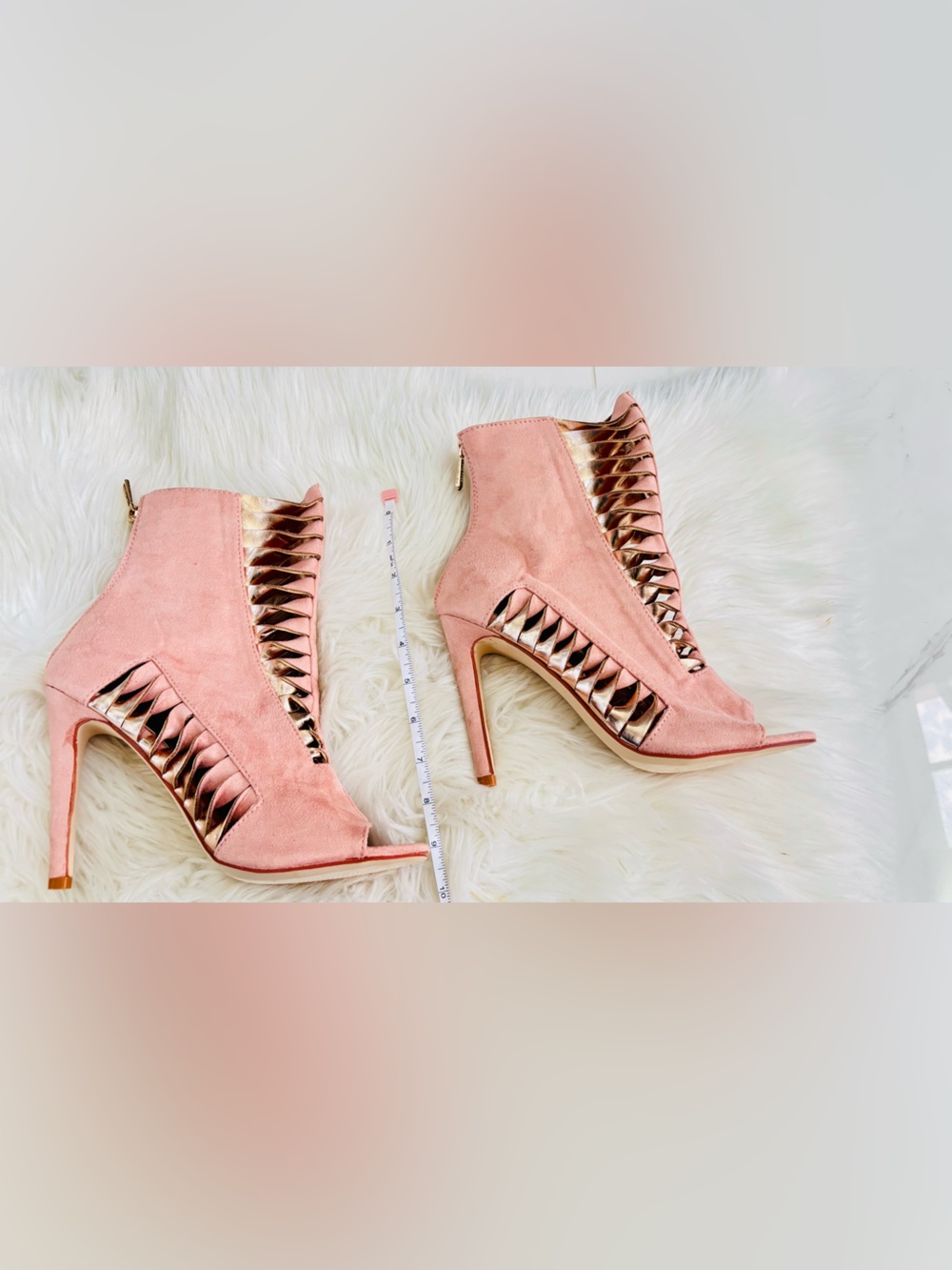 Cape Robbin Rose Gold & Pink Suede Cutout Metallic Peep-Toe Stiletto Booties NEW - Picture 14 of 16